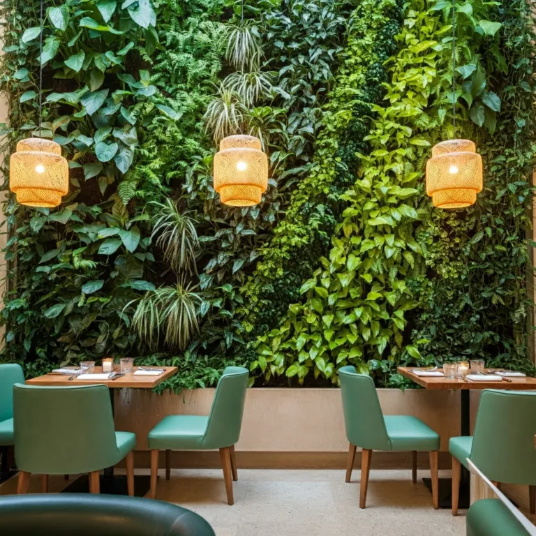 A restaurant with a living wall and abundant greenery